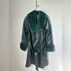 Viral Dark Green Faux Fur Trimmed Leather Coat